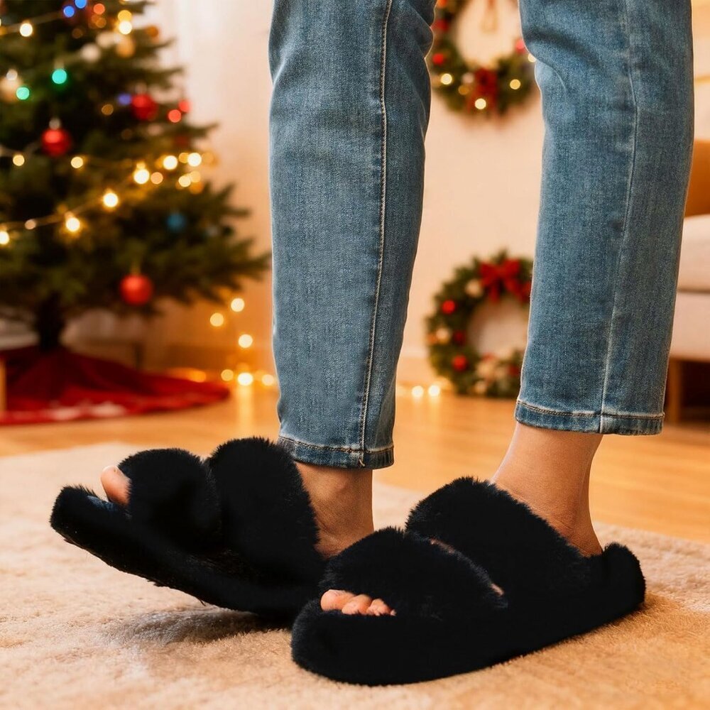 Women's Black Fluffy Fleece Faux Fur Open Two Band Lining Rubber Sole Slippers - Picture 2 of 6